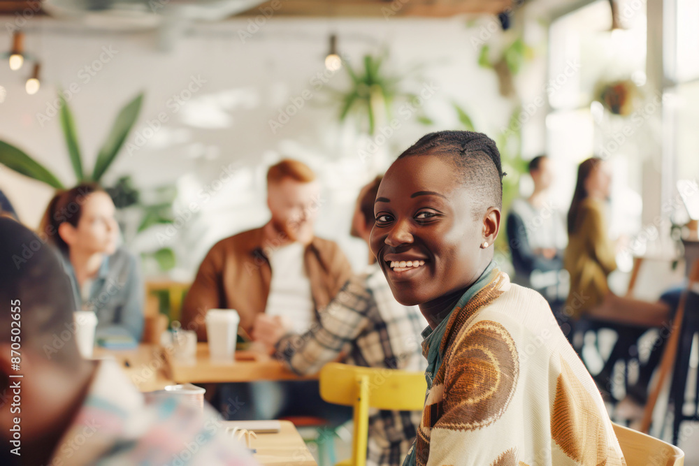 A bright cafe scene with a smiling woman in the foreground, surrounded by a diverse group of friends engaged in conversation. Concept of socializing, diversity, and friendly gatherings A bright cafe scene with a smiling woman in the foreground, surrounded by a diverse group of friends engaged in conversation. Concept of socializing, diversity, and friendly gatherings