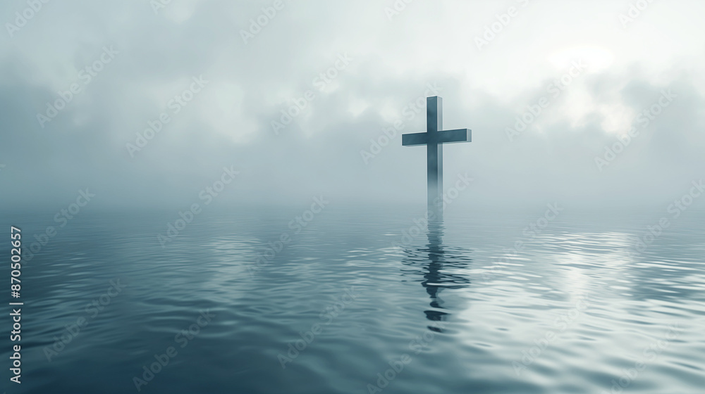 3d render of minimalistic christian cross on water surface, foggy background, soft light, neutral colors, copy space for text
3d render of minimalistic christian cross on water surface, foggy background, soft light, neutral colors, copy space for text