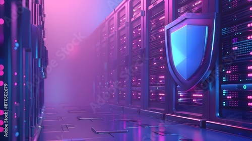 High-tech data center with secure servers and glowing lights, showcasing advanced technology and cyber security measures in a futuristic environment. photo