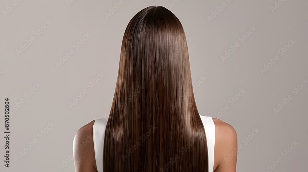 The back view of a person with long, straight, and shiny brown hair. The individual is wearing a white sleeveless top. The hair appears to be healthy and well-maintained, cascading down the back The back view of a person with long, straight, and shiny brown hair. The individual is wearing a white sleeveless top. The hair appears to be healthy and well-maintained, cascading down the back