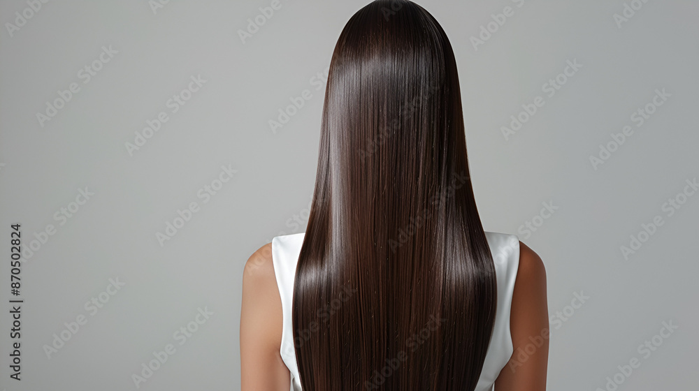 Fototapeta premium The back view of a person with long, straight, and shiny brown hair. The individual is wearing a white sleeveless top. The hair appears to be healthy and well-maintained, cascading down the back