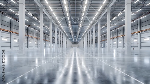 Vast pristine and highly organized logistics warehouse interior within a thriving automated and cutting edge distribution center