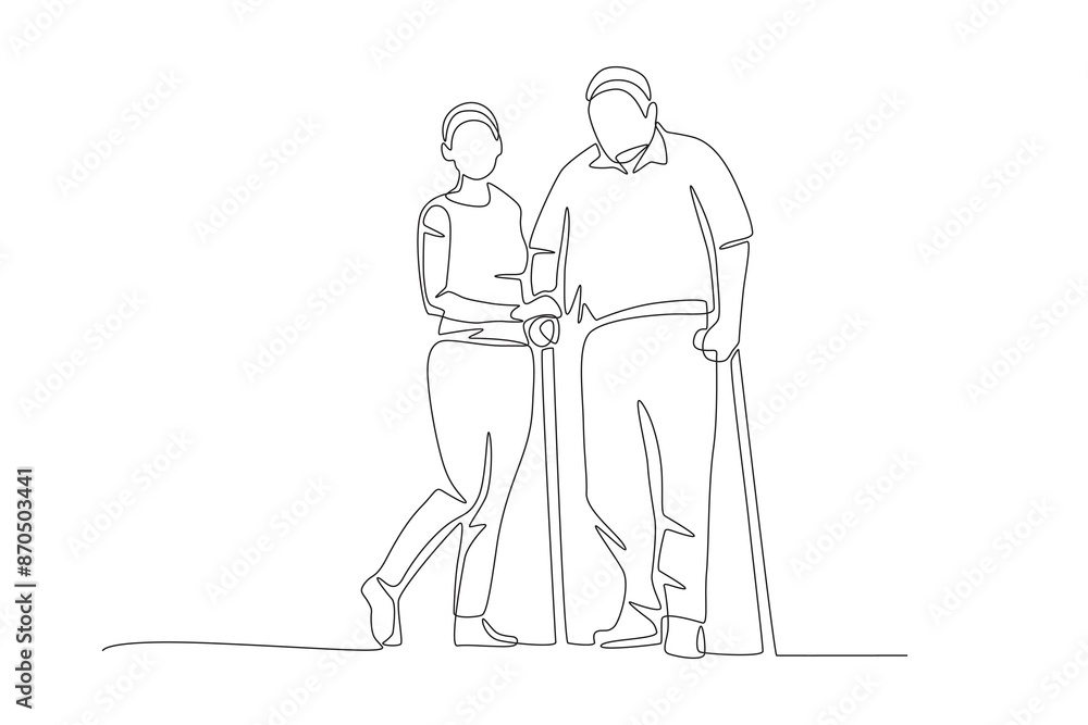 Volunteer who helps the elderly. Community care concept one-line drawing Volunteer who helps the elderly. Community care concept one-line drawing