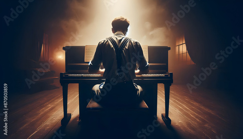 back of A sad man playing the piano in dramatic tone during the war, wide-angle camera