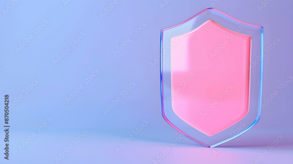 Modern transparent shield with pink center on blue background symbolizing protection, security, and safety. Modern transparent shield with pink center on blue background symbolizing protection, security, and safety.