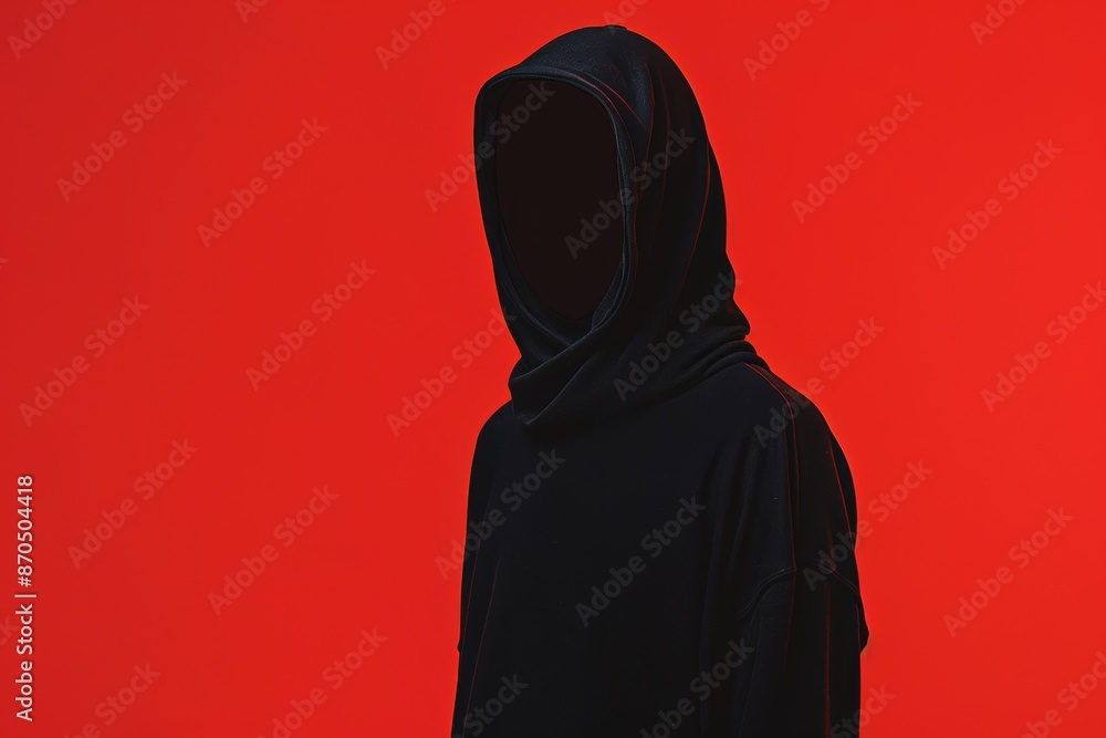 Mysterious figure in black hoodie on red background Mysterious figure in black hoodie on red background