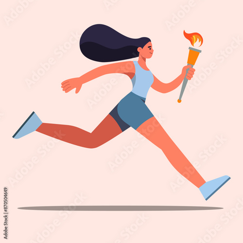 Sports athletic girl running with a flaming torch. Female torchbearer at an international sports event. Vector illustration
