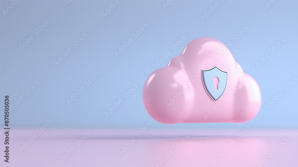 Pink cloud with a shield icon symbolizing cloud security and data protection, against a blue background. Pink cloud with a shield icon symbolizing cloud security and data protection, against a blue background.