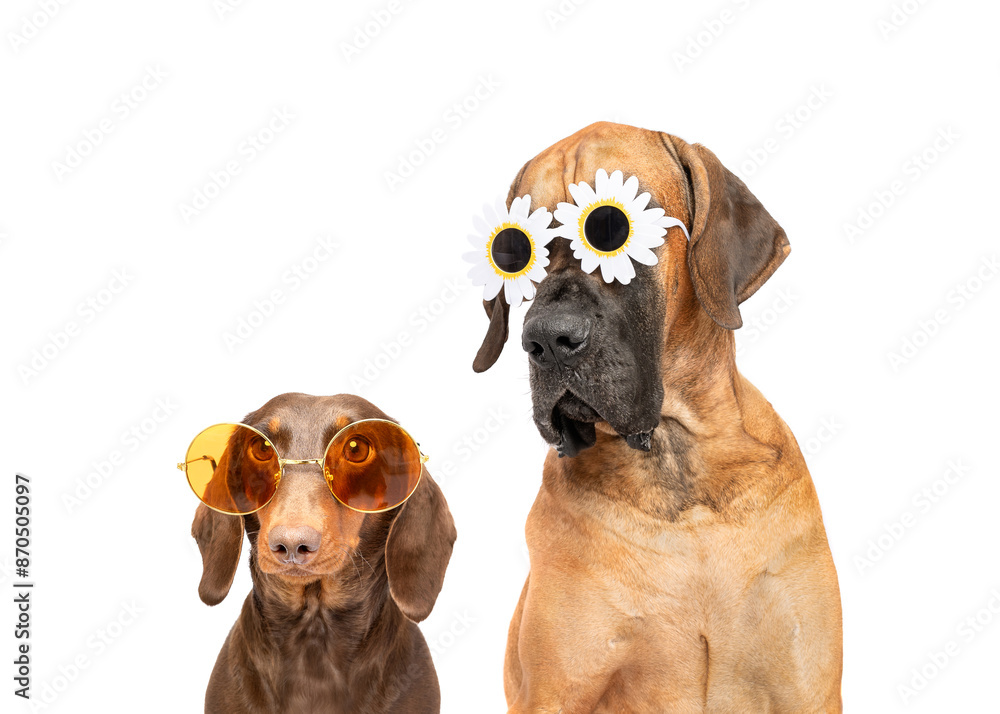 Φωτογραφία Group of Great Dane dog and dachshund dog wearing sun glasses best friends head