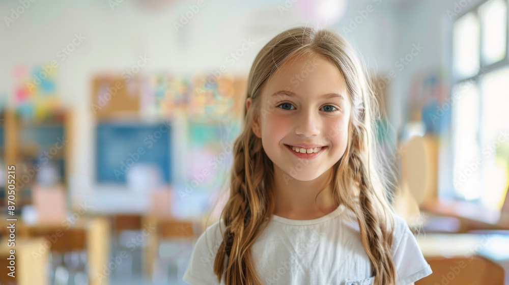 Portrait of a smiling schoolgirl against a blurred background in the classroom. Back to school. Portrait of a smiling schoolgirl against a blurred background in the classroom. Back to school.