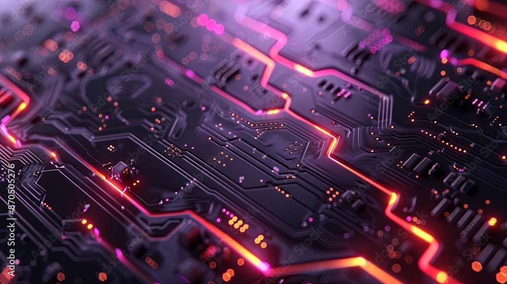 Futuristic Circuit Board with Orange Lights. Close-up of a futuristic circuit board featuring intricate designs and illuminated lights, showcasing advanced technology. Futuristic Circuit Board with Orange Lights. Close-up of a futuristic circuit board featuring intricate designs and illuminated lights, showcasing advanced technology.