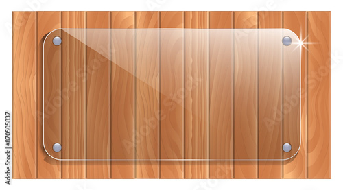 Glass Plaque on Wooden Background. 3D illustration