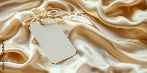 Blank White Tag Placed on a Silk Cloth Background Ready for Design or Customization Perfect for Branding or Product Labeling