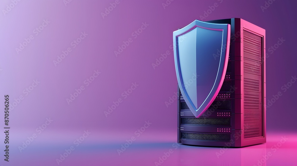 Secure server data protection with cybersecurity concept. Shield and server in modern isometric gradient background. Secure server data protection with cybersecurity concept. Shield and server in modern isometric gradient background.