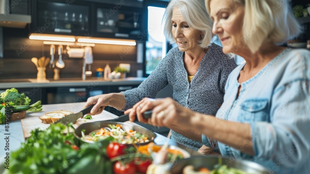 Senior Women Preparing Healthy Salad Together in Modern Kitchen Senior Women Preparing Healthy Salad Together in Modern Kitchen