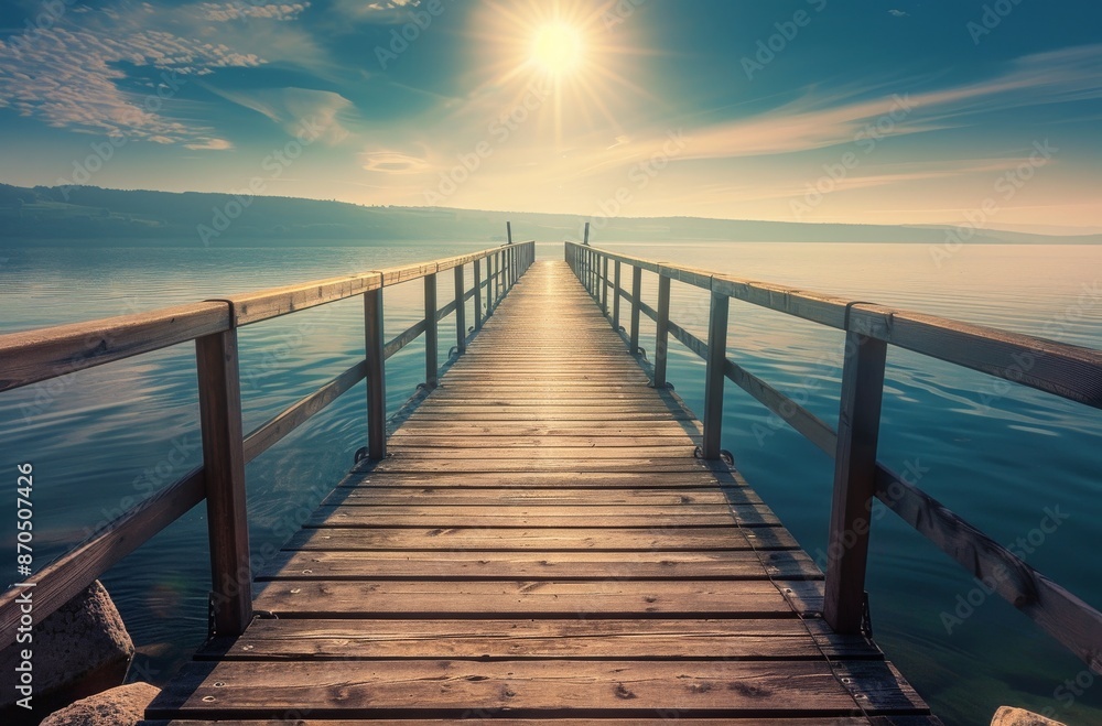 A wooden pier stretches towards the horizon on a tranquil lake at dawn A wooden pier stretches towards the horizon on a tranquil lake at dawn