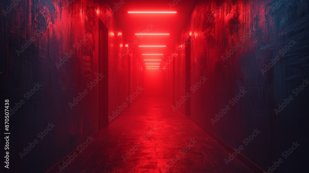A long red hallway with red lights on the ceiling A long red hallway with red lights on the ceiling