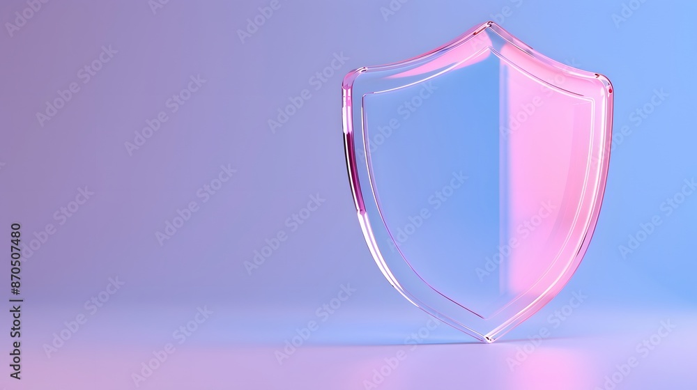 Transparent glass shield on a gradient blue-pink background, symbolizing security, protection, and safety in a modern minimalist design. Transparent glass shield on a gradient blue-pink background, symbolizing security, protection, and safety in a modern minimalist design.