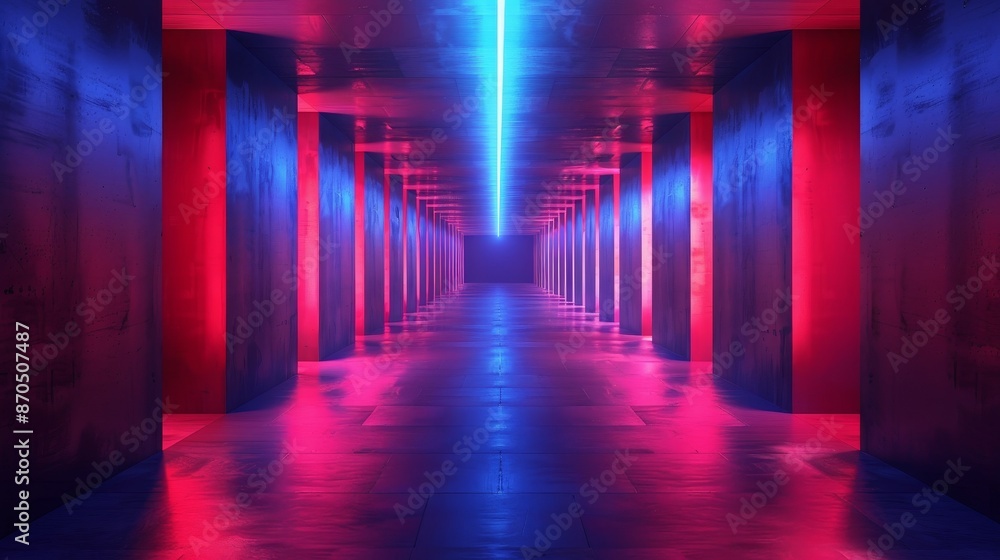 A long, narrow hallway with red and blue lighting A long, narrow hallway with red and blue lighting