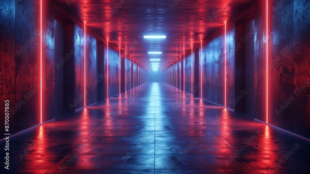 A long, dark hallway with red lights on the walls A long, dark hallway with red lights on the walls