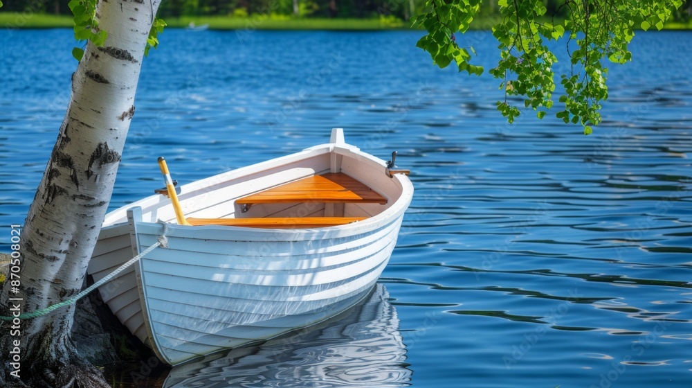 Obraz premium Serene lakeside scenery with white rowboat and birch tree