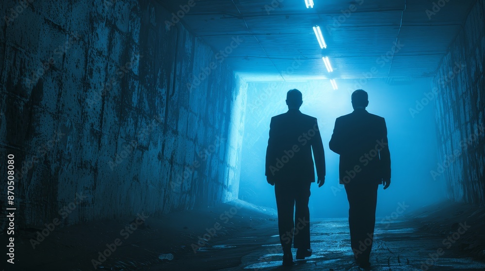 Two men walking in a tunnel with a blue light Two men walking in a tunnel with a blue light