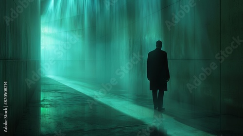 A man walks through a dark tunnel with a green light shining on him © ART IS AN EXPLOSION.