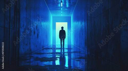 A man stands in a blue tunnel with a light shining on him © ART IS AN EXPLOSION.