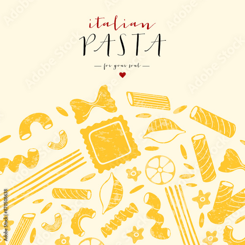 Italian pasta frame background. Different types of Italian pasta. Spaghetti, farfalle, penne, rigatoni, ravioli, fusilli, conchiglie, elbows, rotelle, orzo, paccheri illustration.