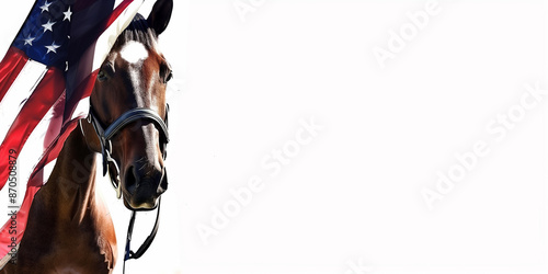 Celebrate Memorial Day, Independence Day! Banner with Copy Space, USA American Flag and horse, blue green background