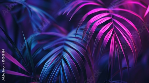 Vibrant neon tropical leaves in abstract design photo