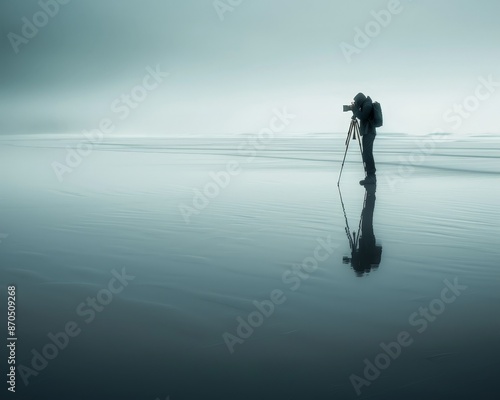 A lone photographer stands on a misty beach, capturing the beauty of the calm water. Their reflection adds a sense of solitude and tranquility to the scene. photo