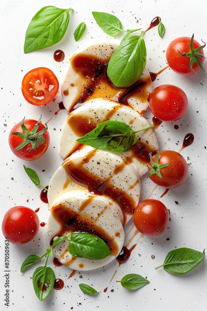 Fresh Caprese salad with tomatoes, mozzarella, and basil leaves drizzled with balsamic glaze, beautifully plated on a white background. Fresh Caprese salad with tomatoes, mozzarella, and basil leaves drizzled with balsamic glaze, beautifully plated on a white background.