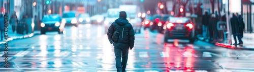 Wallpaper Mural A man walks down a city street, blurred figures and traffic in the background. Torontodigital.ca