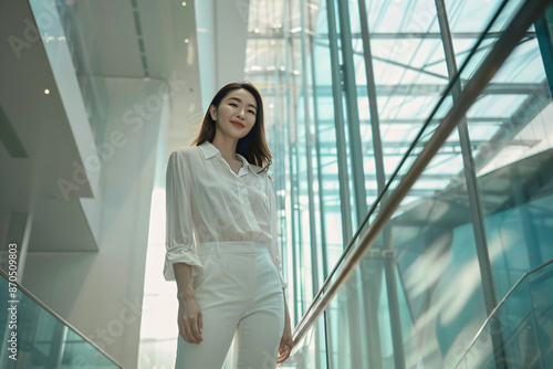Young Woman In White Standing In Modern Building.