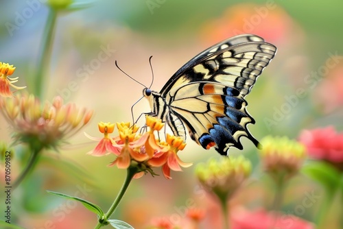 A colorful butterfly feeding on orange flowers