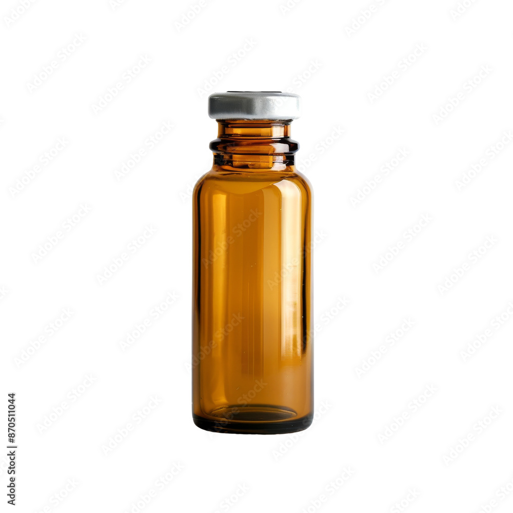 Amber glass bottle isolated on white background. Ideal for medical, pharmaceutical, or cosmetic uses, with a sealed silver cap. Amber glass bottle isolated on white background. Ideal for medical, pharmaceutical, or cosmetic uses, with a sealed silver cap.