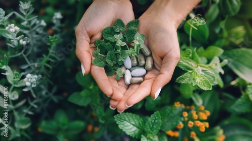 A close-up of hands gently holding a selection of herbal supplements, with fresh herbs and plants in the background, promoting the benefits of natural remedies and holistic health photo