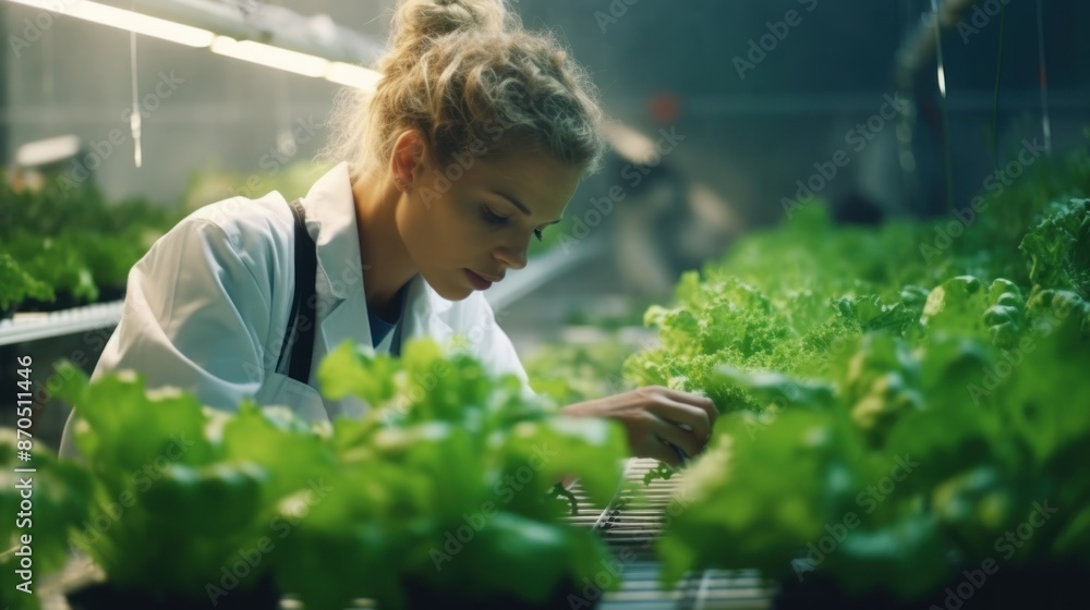Female engineer researching plants or caring for parsley plants growing in a greenhouse Female engineer researching plants or caring for parsley plants growing in a greenhouse