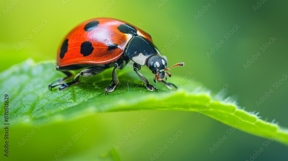 Macro shot of a ladybug on a green leaf Macro shot of a ladybug on a green leaf