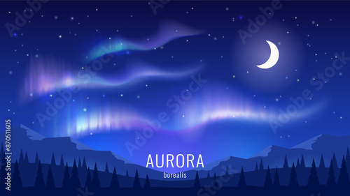 Aurora Borealis landscape images. Northern lights over the mountains. Night scene, moon and stars. Vector image of the night.