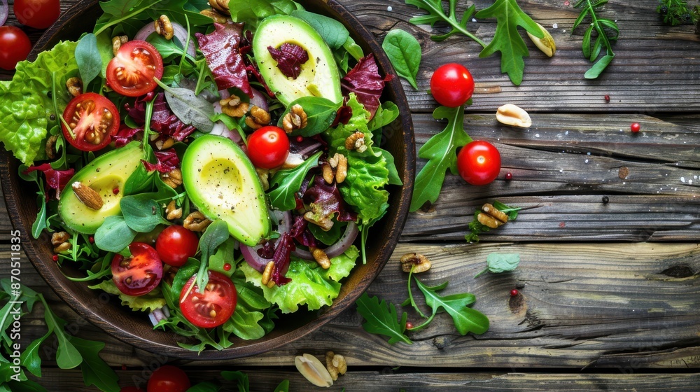 A vibrant salad made with fresh organic ingredients, including leafy greens, cherry tomatoes, avocado, and nuts, arranged beautifully on a rustic wooden table, highlighting clean eating and healthy A vibrant salad made with fresh organic ingredients, including leafy greens, cherry tomatoes, avocado, and nuts, arranged beautifully on a rustic wooden table, highlighting clean eating and healthy