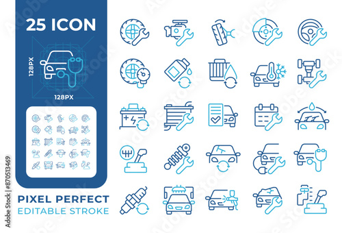 Car maintenance and repair services two color line icons set. Automotive parts. Mechanical services bicolor outline iconset isolated. Duotone pictograms thin linear. Editable stroke