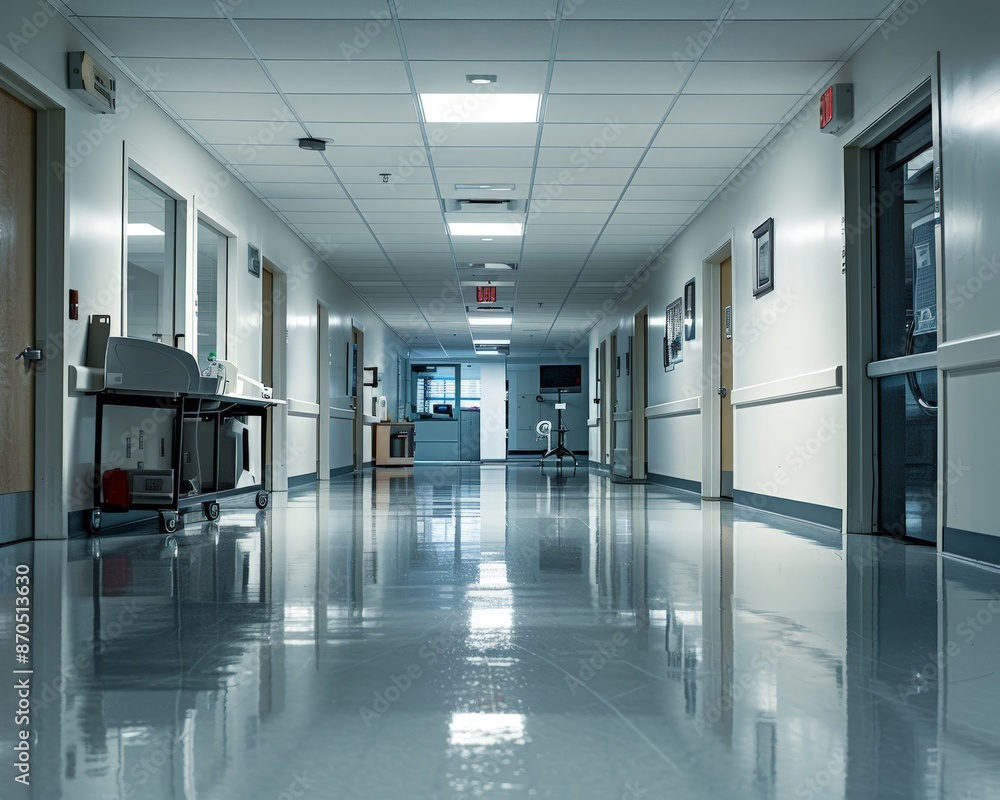 Empty hospital hallway with clean, shiny floor and bright lighting. Empty hospital hallway with clean, shiny floor and bright lighting.