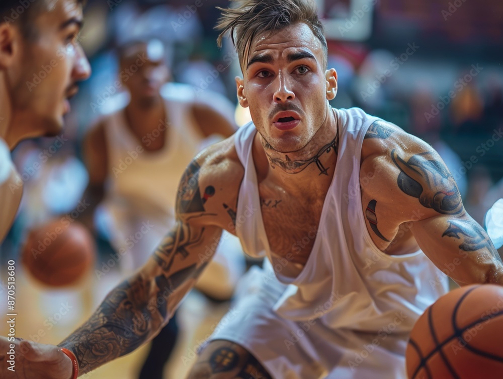Obraz premium A professional basketball player dribbles the ball during a high-stakes game. His powerful movements and sharp concentration reflect the competitive nature of the sport.