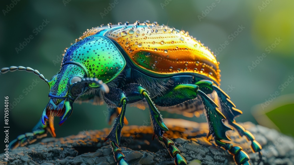 Naklejka premium Macro photograph of iridescent beetle with water droplets