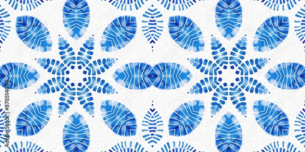 Fototapeta premium Indigo blue tie-dye handmade textile seamless border. Asian style abstract blotched dyed effect tape.