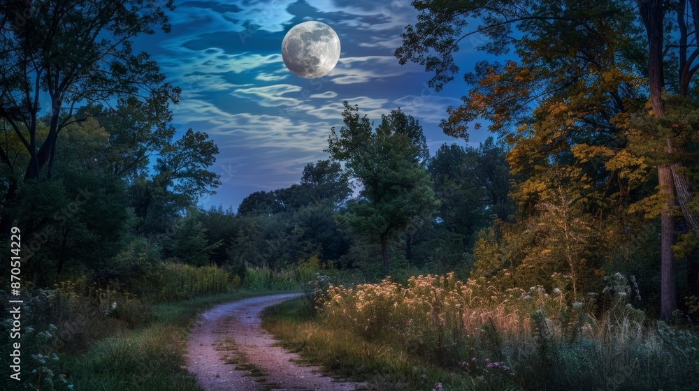 Naklejka premium Enchanted Moonlit Path Through Tranquil Forest at Night