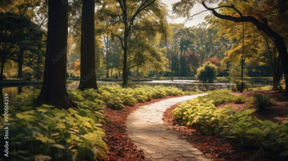 Naklejka premium A path in a park with trees and a pond
