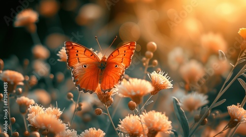 Orange butterflies flying in the garden. spreading wings butterfly on a leaf